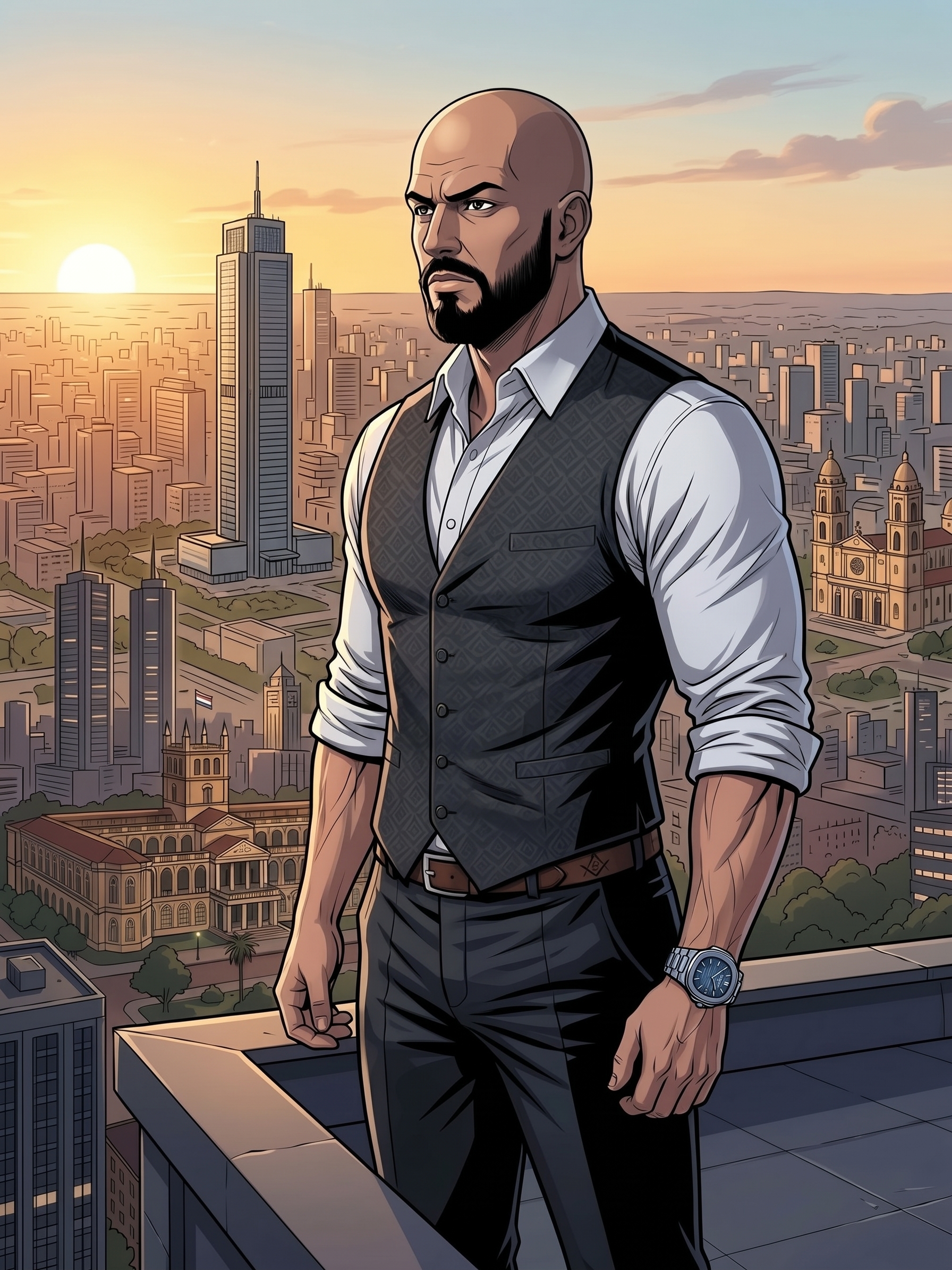 Ilustración de Blaster, perfil de Blas Ojeda Chamorro, con la ciudad al atardecer