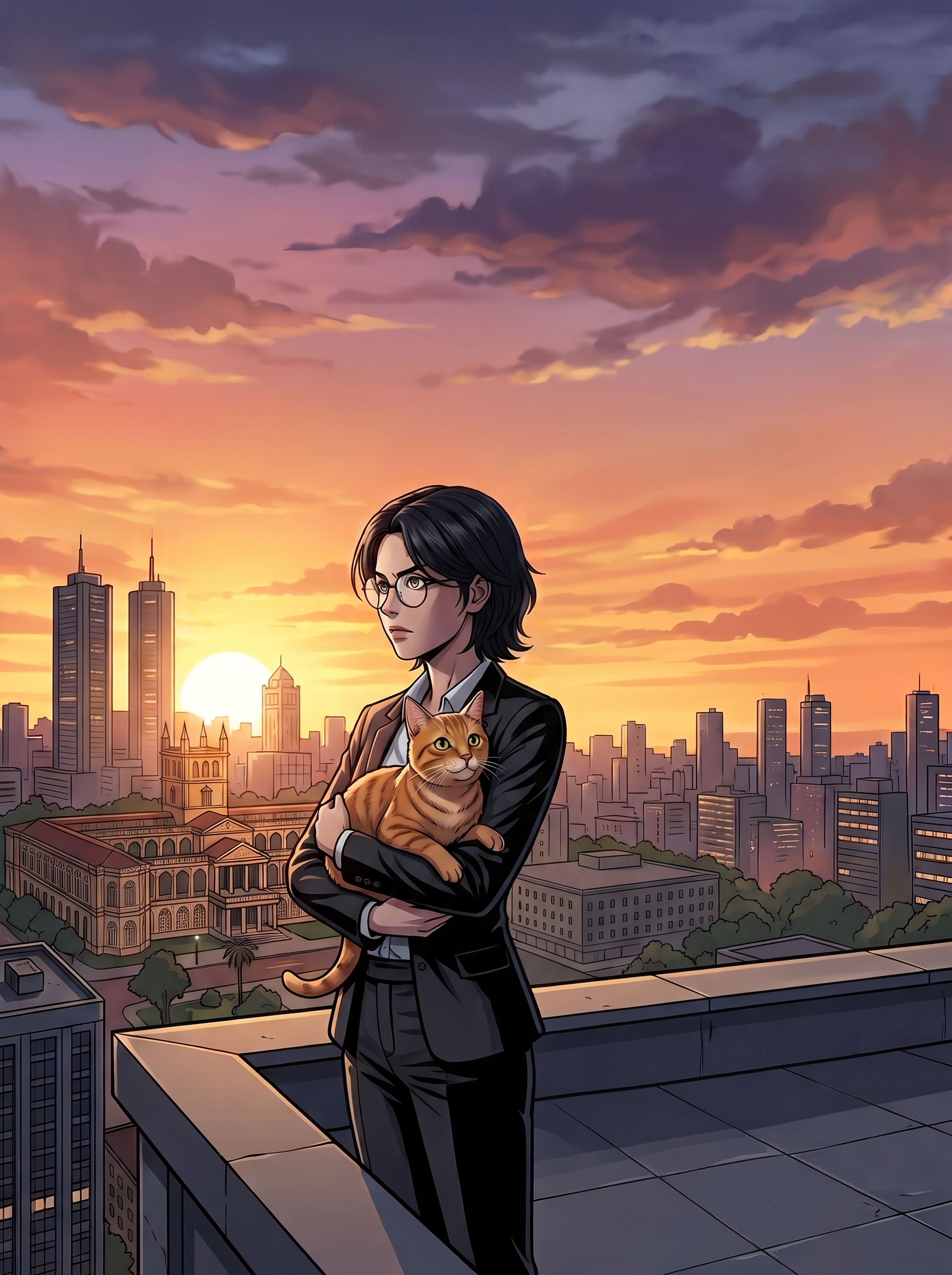 Ilustración de Takka, perfil de Tania Fernández, con un gato y la ciudad al atardecer